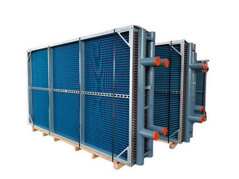 Blue multi-circuit evaporator cooling coils with exposed headers