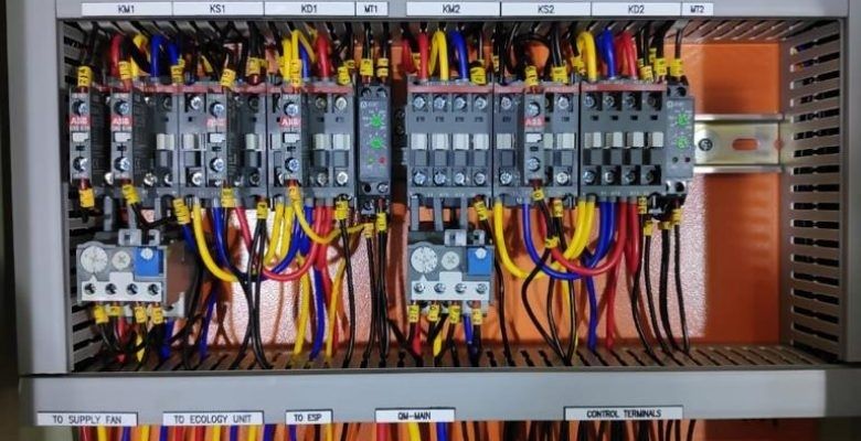 Wired HVAC control panel with contactors, relays, and labeled terminals