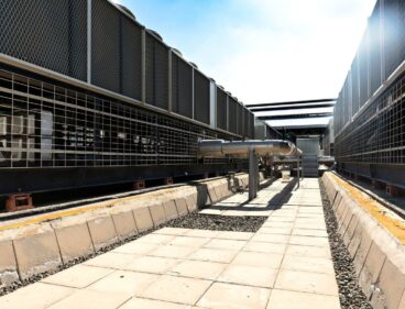 Industrial cooling equipment and insulated piping in an outdoor plant