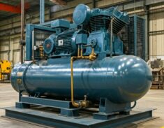 Large blue industrial compressor assembly on a skid in a workshop