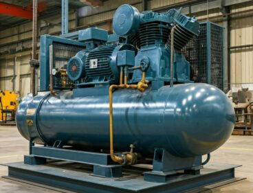Large blue industrial compressor assembly on a skid in a workshop